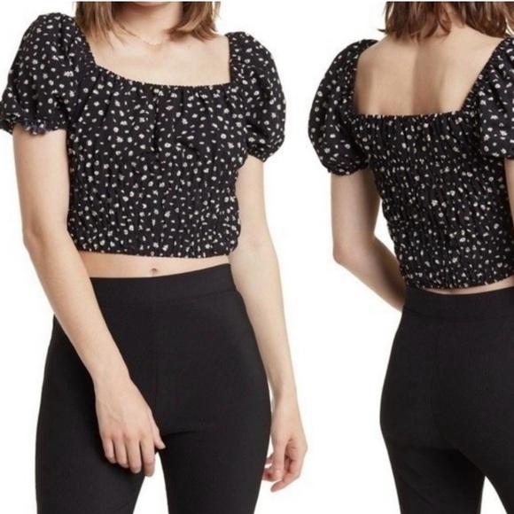 Md Elodie Daisy Puff Sleeve Crop Top | Black Cottagecore Floral Y2K Romantic - Picture 1 of 9